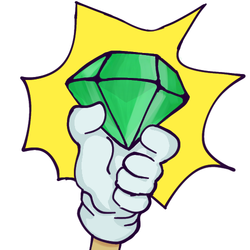 A drawing of the green chaos emerald from the Sonic the Hedgehog series being held up by a mobian/anthro hand that has a tan arm and wears a white glove. A yellow starburst shape is behind it to showcase the chaos energy’s power.